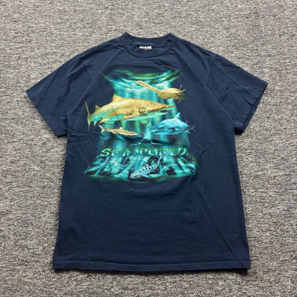 Vintage 1990s Tultex Sea World Shark Graphic Navy Blue T-Shirt Size Large